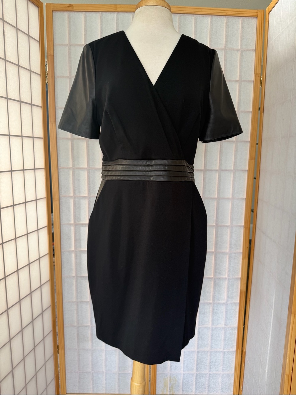 ANTONIO MELANI Black Faux-Leather Sleeve Wrap Sheath Dress